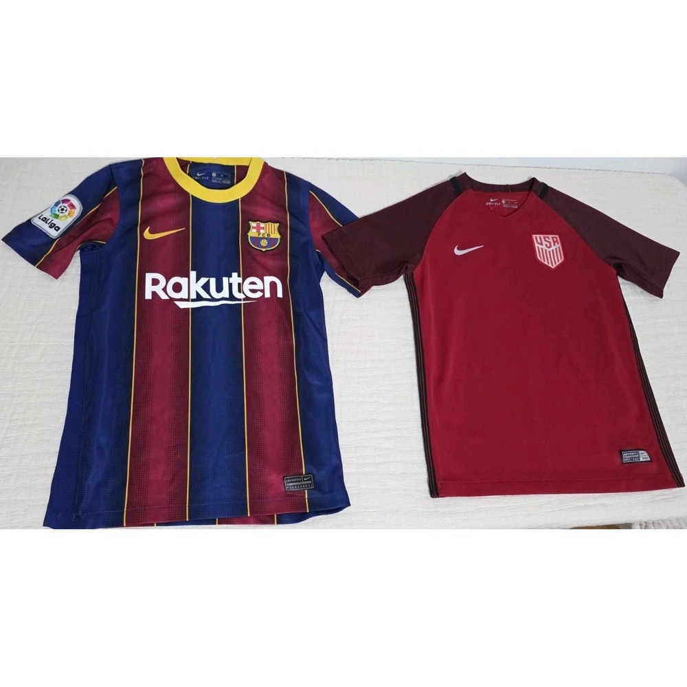 NIKE Dri-Fit FCB Barcelona Rakuten Soccer Jersey Kids Shirt Top Red Sz S/M USMNT
